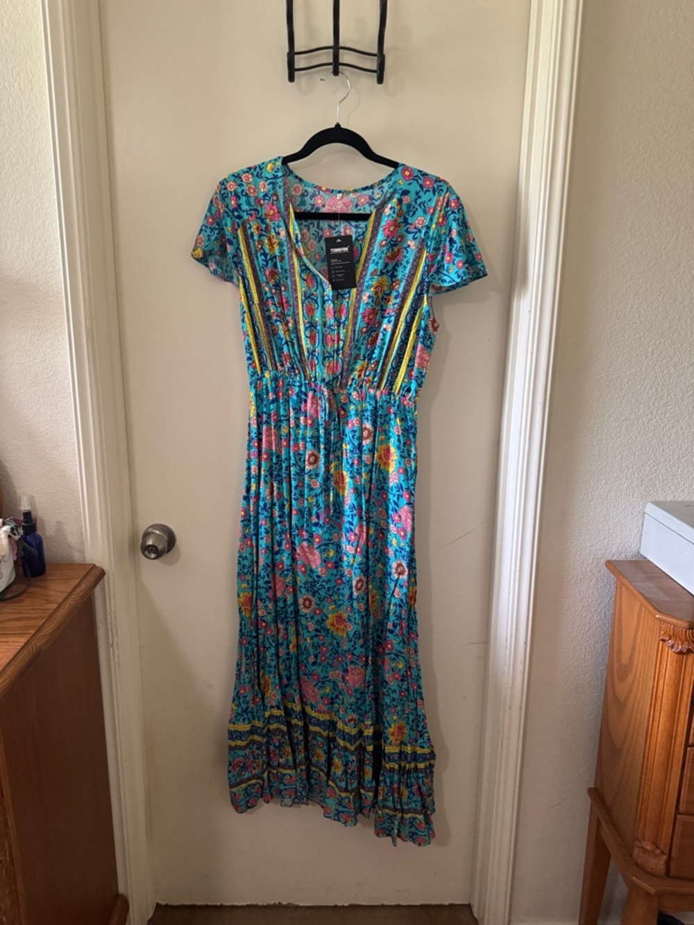 Bohemian Floral Maxi Dress in Teal size M
